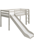 White high bed with slide and ladder for children, designed for playful bedroom retreats.