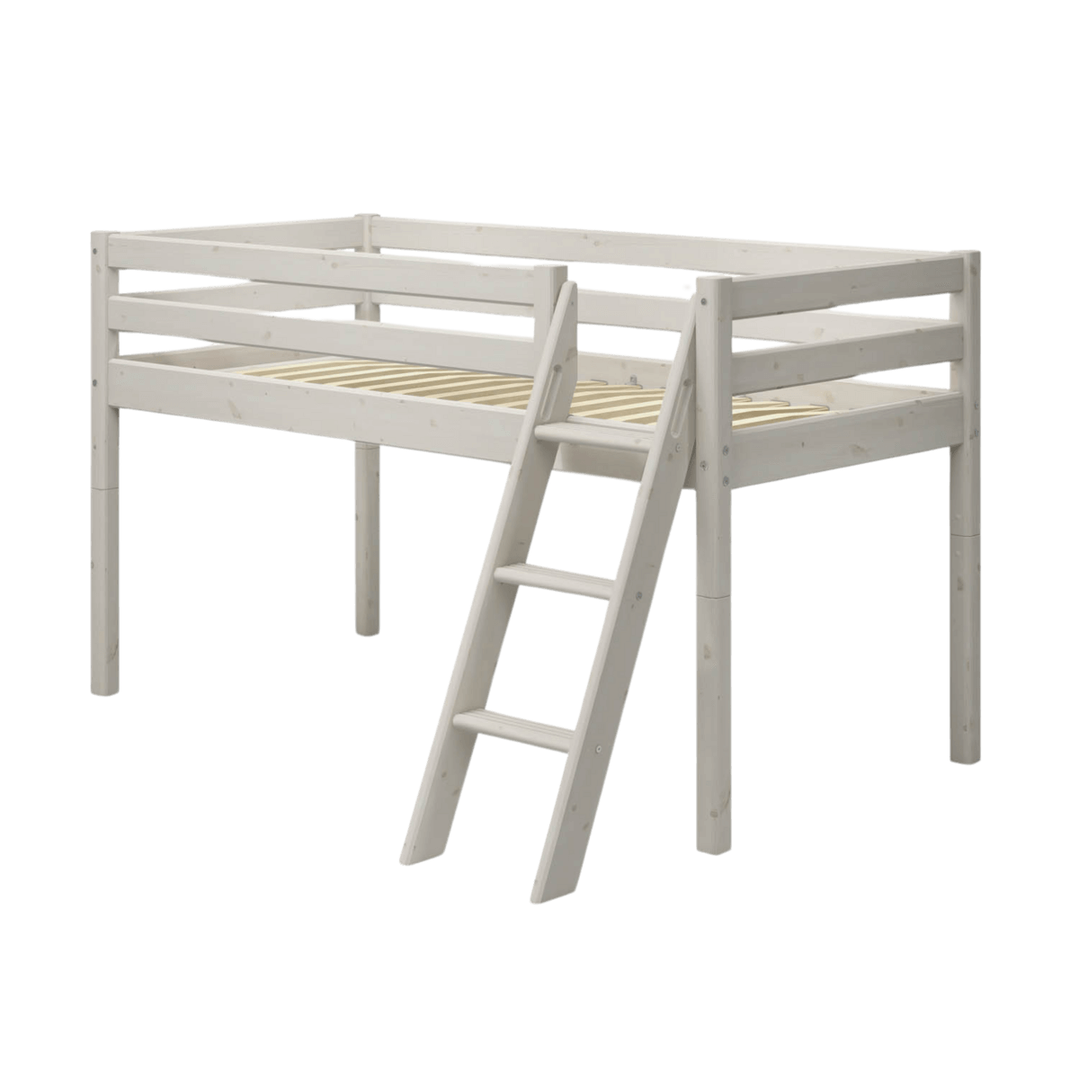 High Bed 120 cm with slanting ladder and safety rail in white, ideal for children 6+, 90x200 cm, perfect for play and storage.