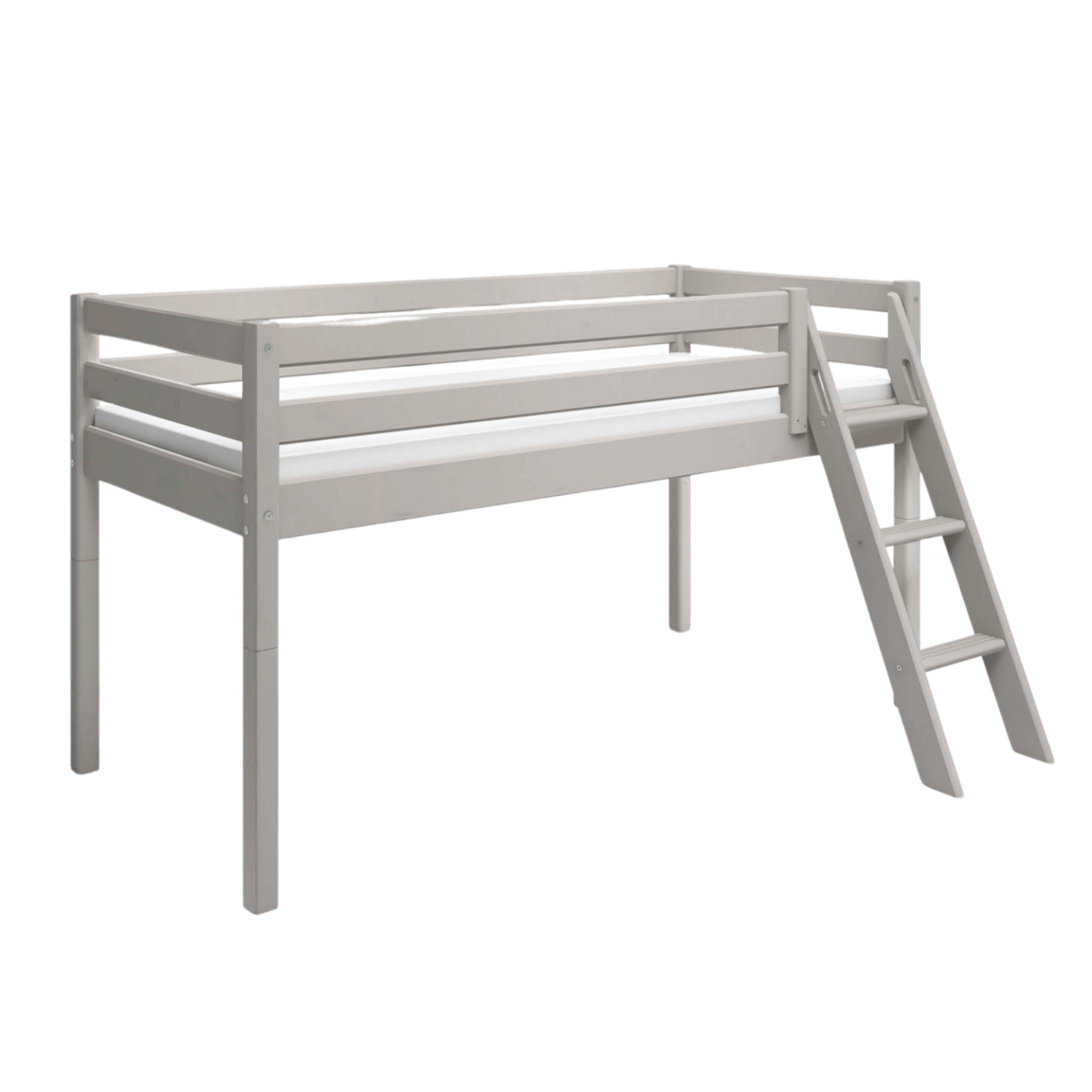 High bed with slanting ladder and safety rail in grey, perfect for kids' rooms and maximizing space.