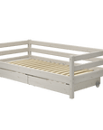 Single bed with storage, 90x200 cm, white, featuring classic Scandinavian design and underbed drawers for storage.