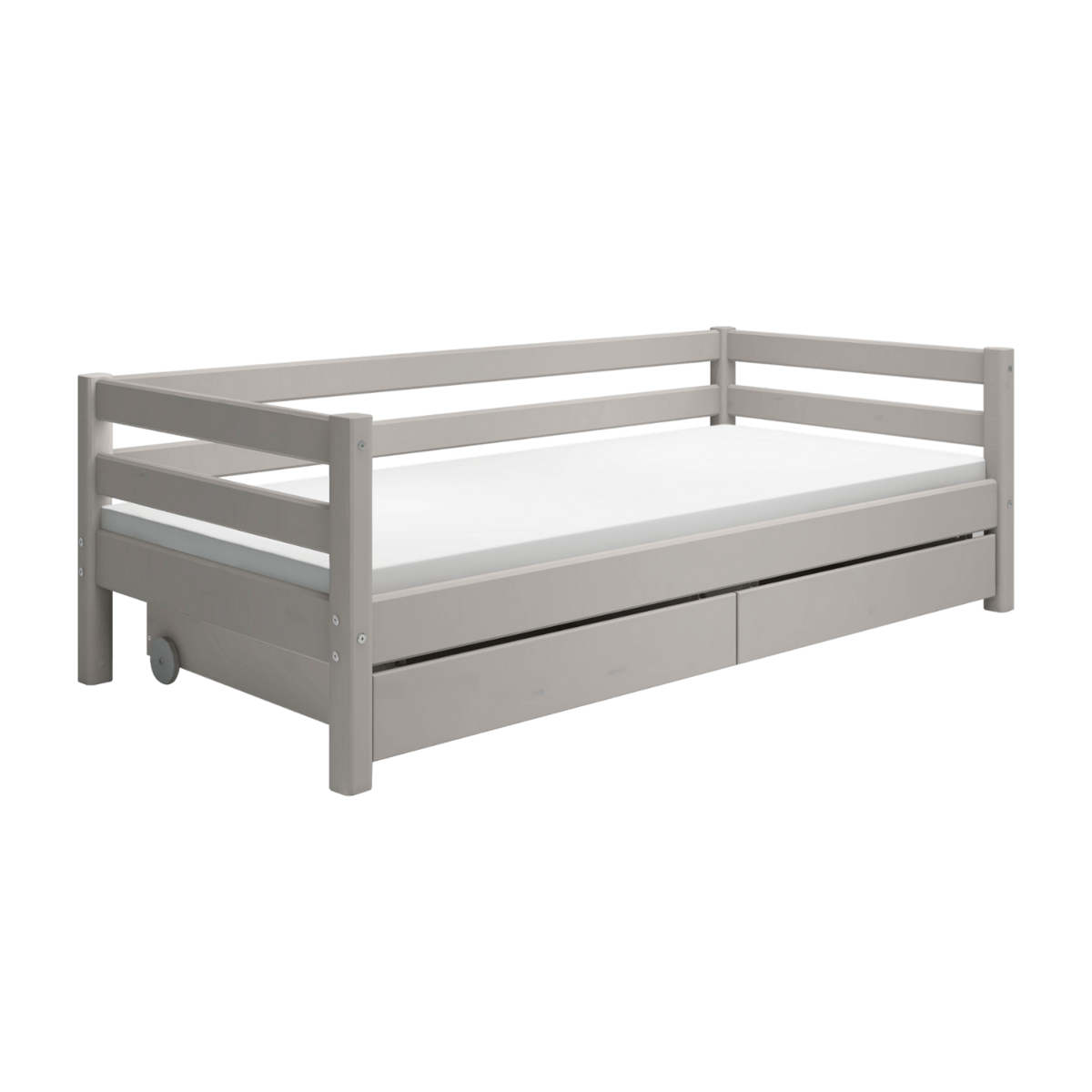 Modern grey single bed with storage drawers, perfect for children's rooms, featuring a clean Scandinavian design.