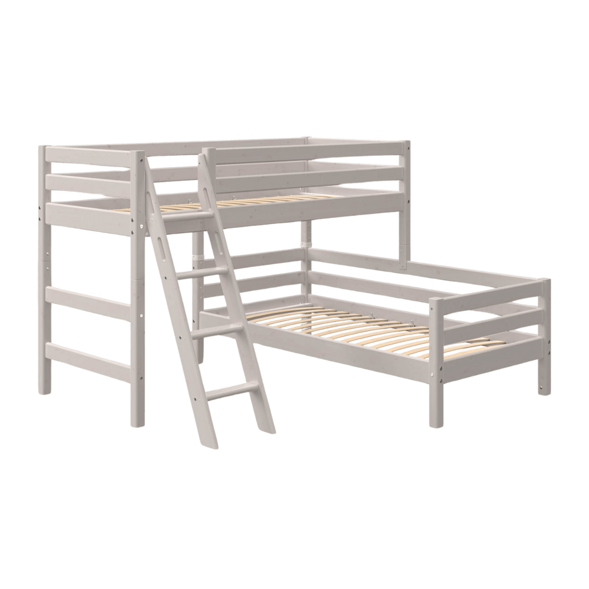 FLEXA CLASSIC grey bunk bed with slanting ladder and safety rail, ideal for space-saving in small bedrooms.