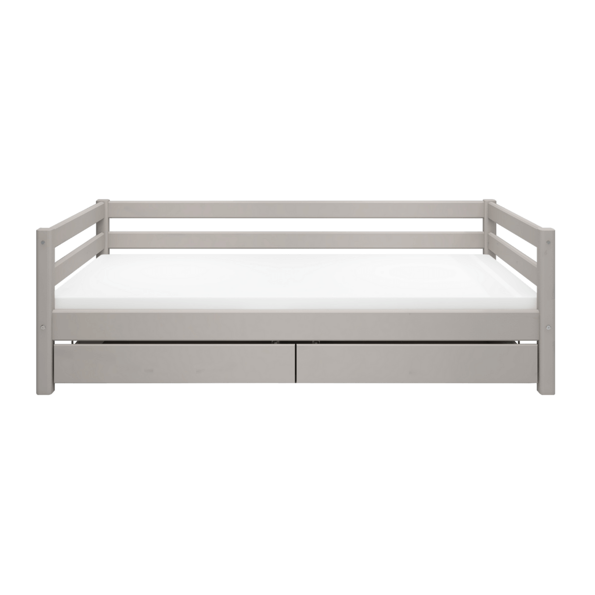 Single bed with storage drawers, 90x200 cm, grey, featuring a backrest and a sleek Scandinavian design.
