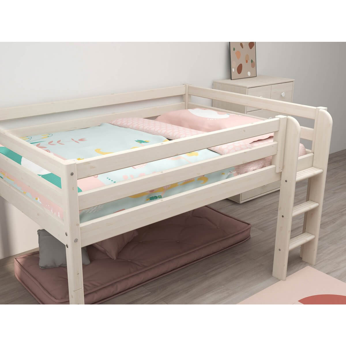 High bed with safety rail and ladder, designed for comfort and space-saving, featuring pink and turquoise bedding.