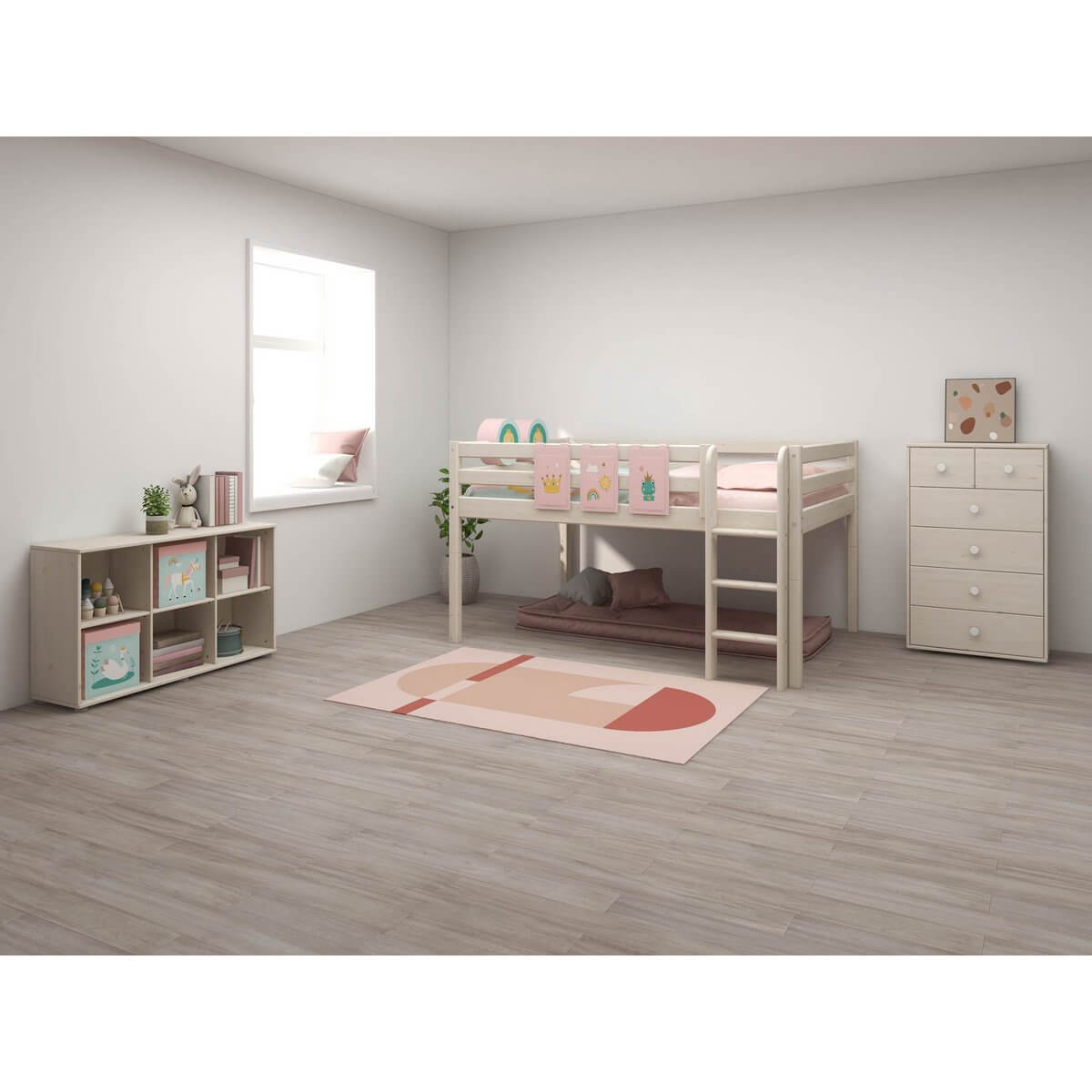 High bed with safety rail and ladder in a stylish children's room, featuring colorful decor and storage options.