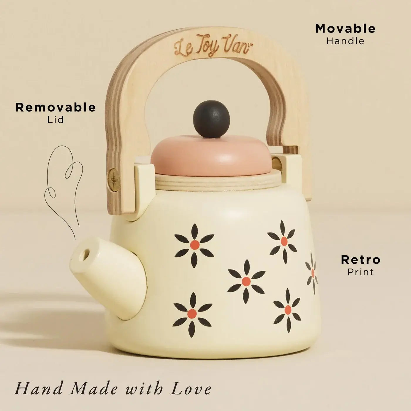 Le Toy Van Vintage Wooden Kettle with removable lid and movable handle for pretend tea parties