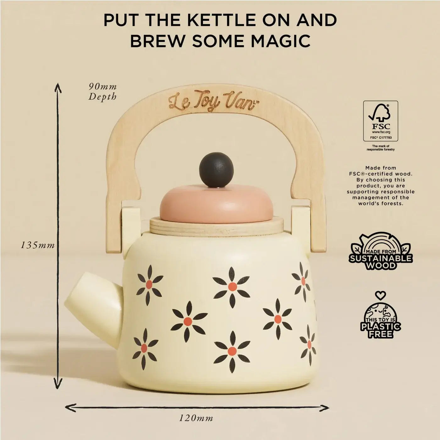 Le Toy Van Vintage Wooden Kettle with floral design for tiny tea parties and pretend kitchens.