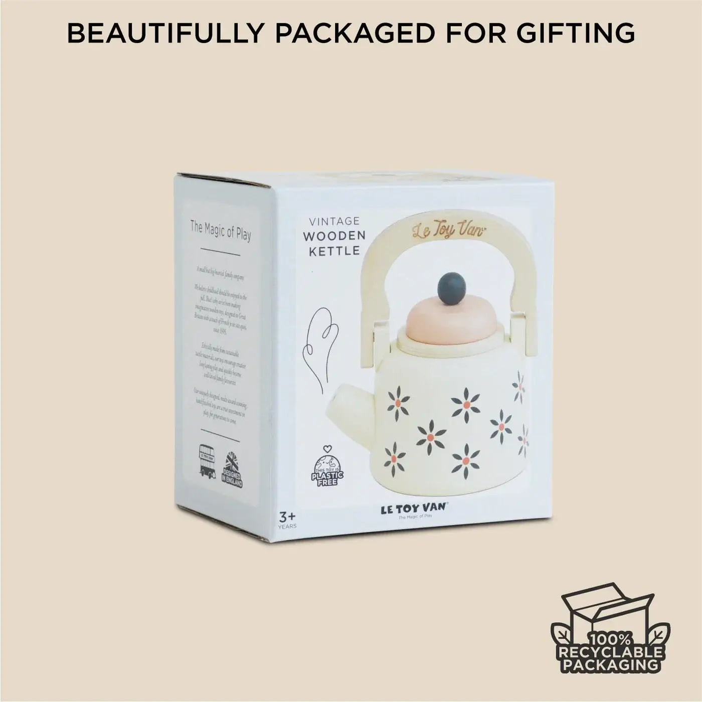 Le Toy Van Vintage Wooden Kettle beautifully packaged for gifting, perfect for tiny tea parties and imaginative play.