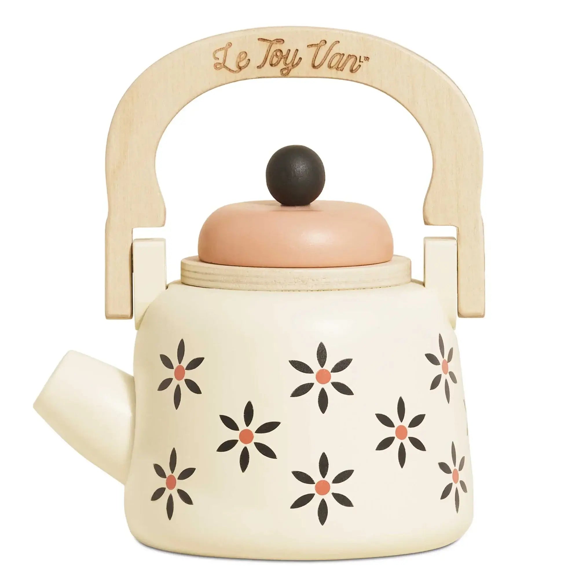 Le Toy Van Vintage Wooden Kettle with floral design, perfect for tiny tea parties and imaginative play.