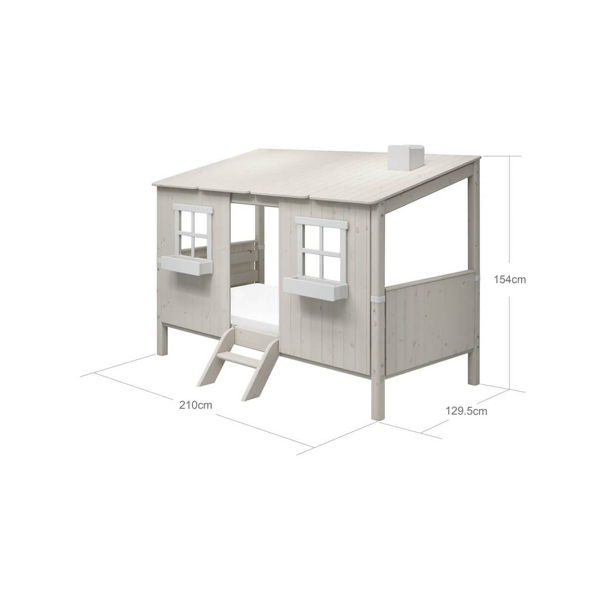 Single bed with house and ladder, dimensions shown, ideal for kids' play and private space.