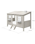 Single bed with house and ladder, dimensions shown, ideal for kids' play and private space.