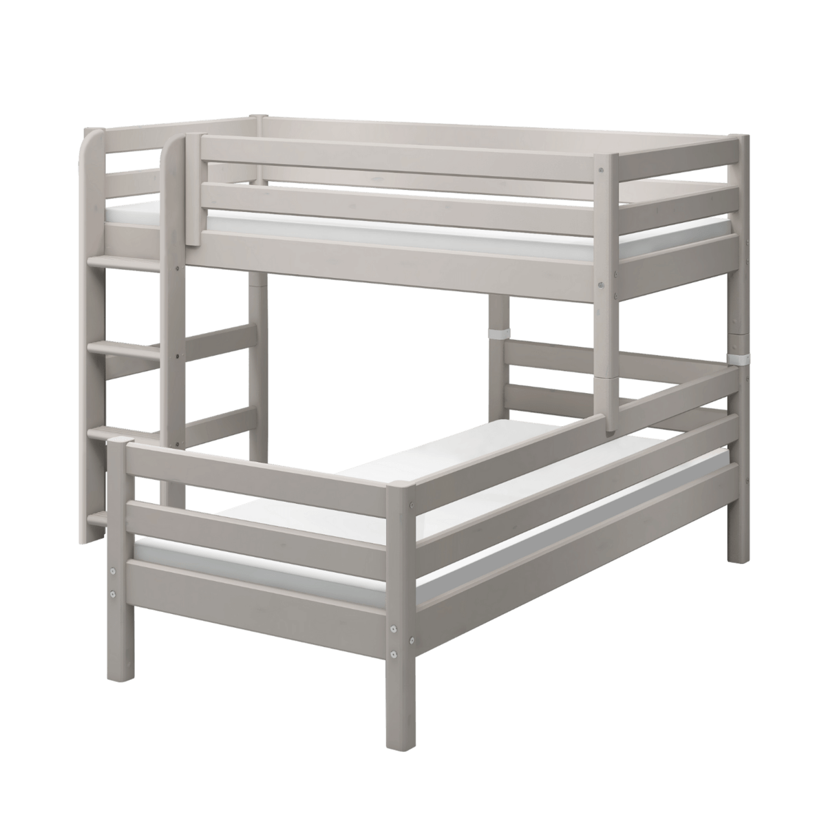 Grey bunk bed with ladder and safety rail, 90x200 cm, ideal for children's shared rooms and space-saving solutions.