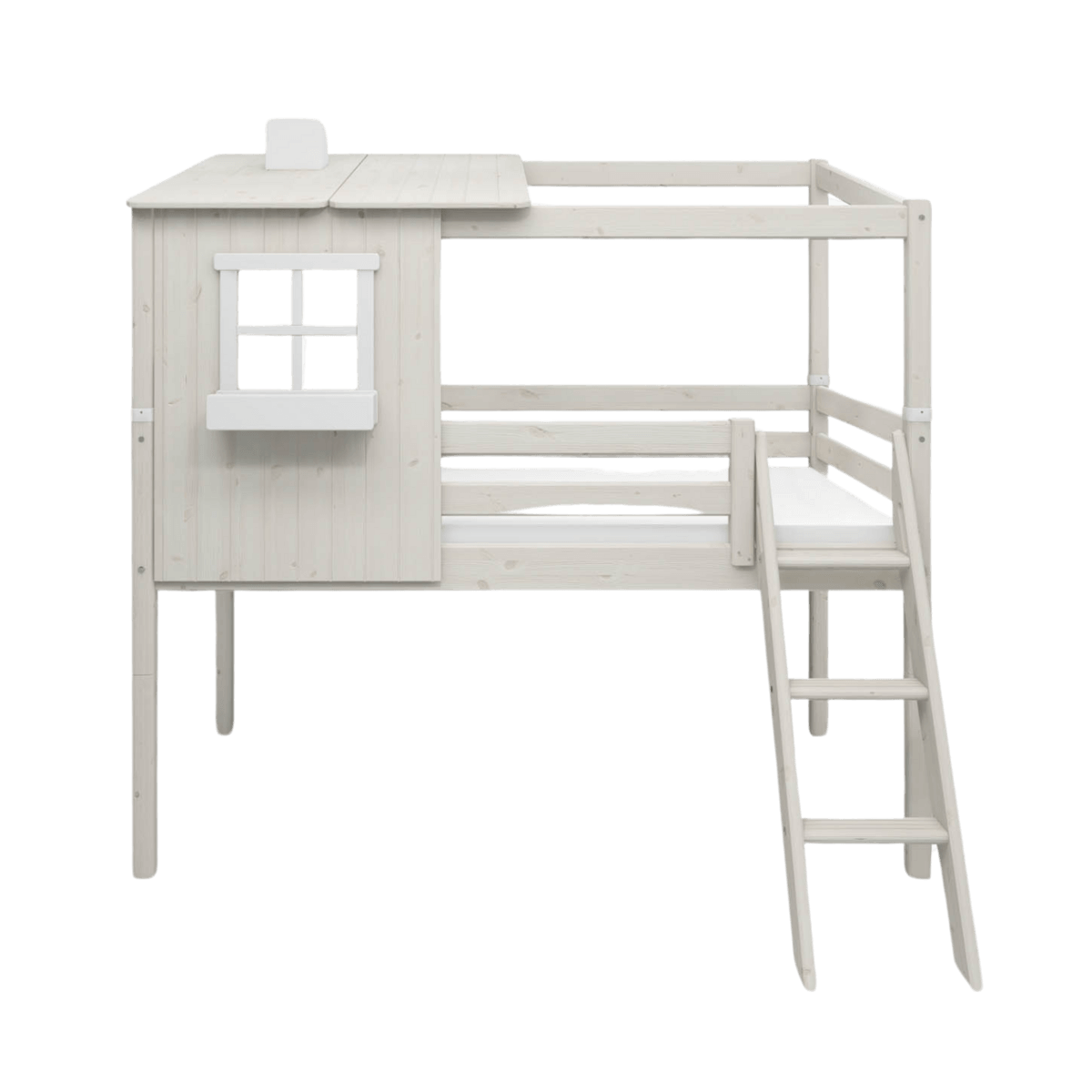 High bed 120 cm with house design, ladder, and safety rail, perfect for children&#39;s imaginative play.