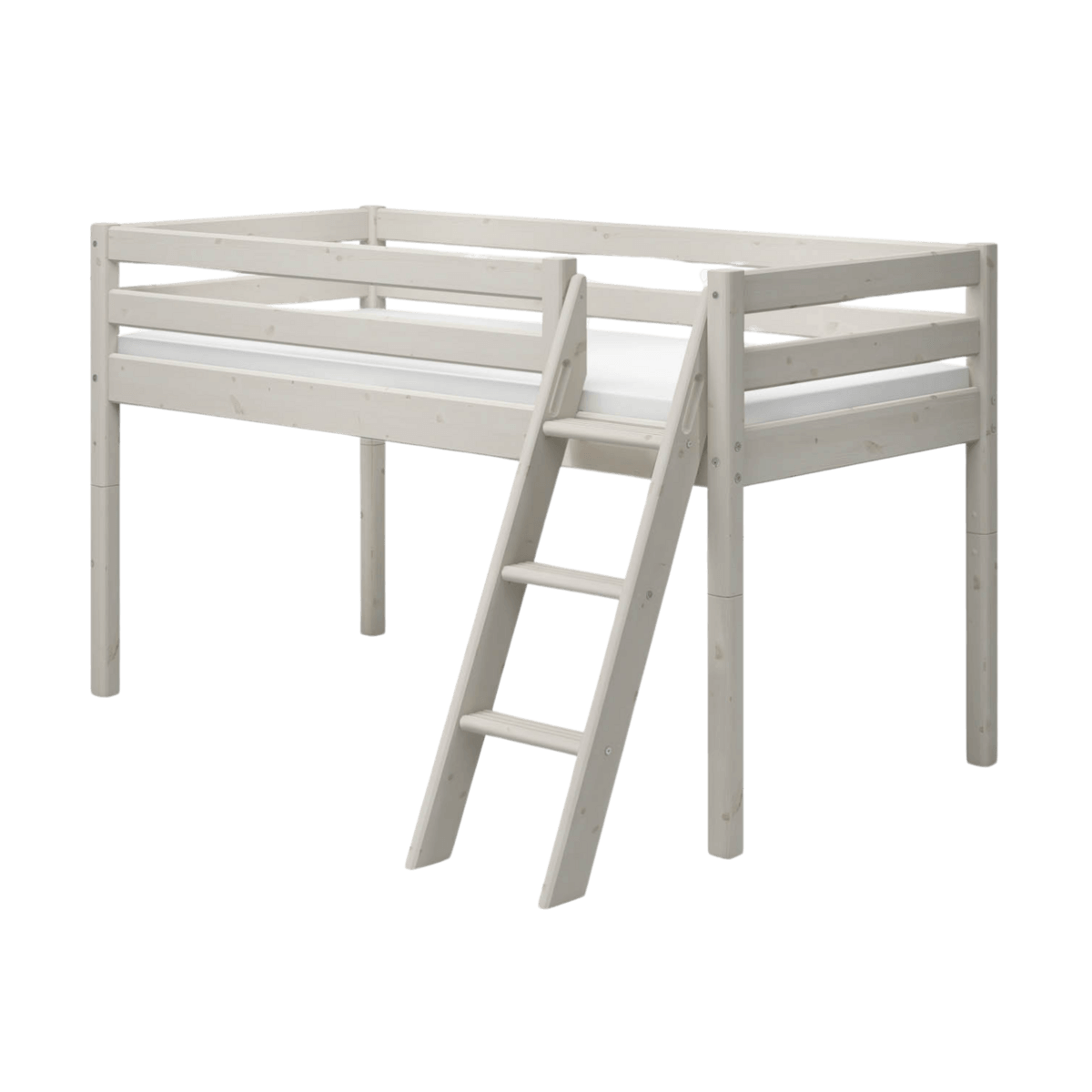 High bed 120 cm with slanting ladder, safety rail, and white finish, ideal for children's comfort and play.