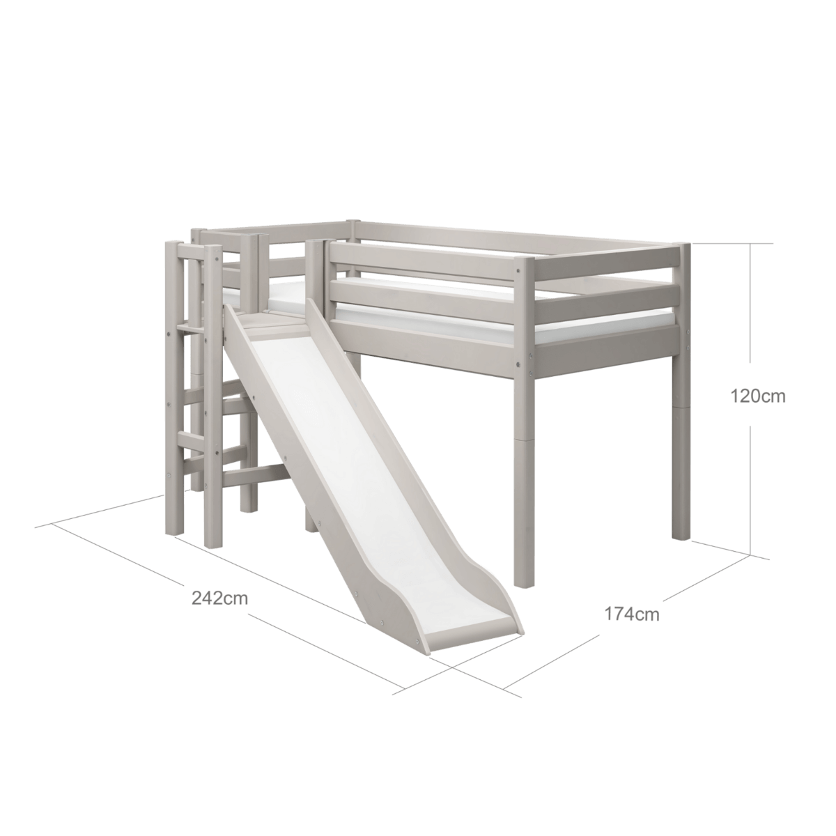High Bed 120 cm with slide and safety rail in grey, dimensions 245cm x 171cm x 120cm, ideal for children's rooms.