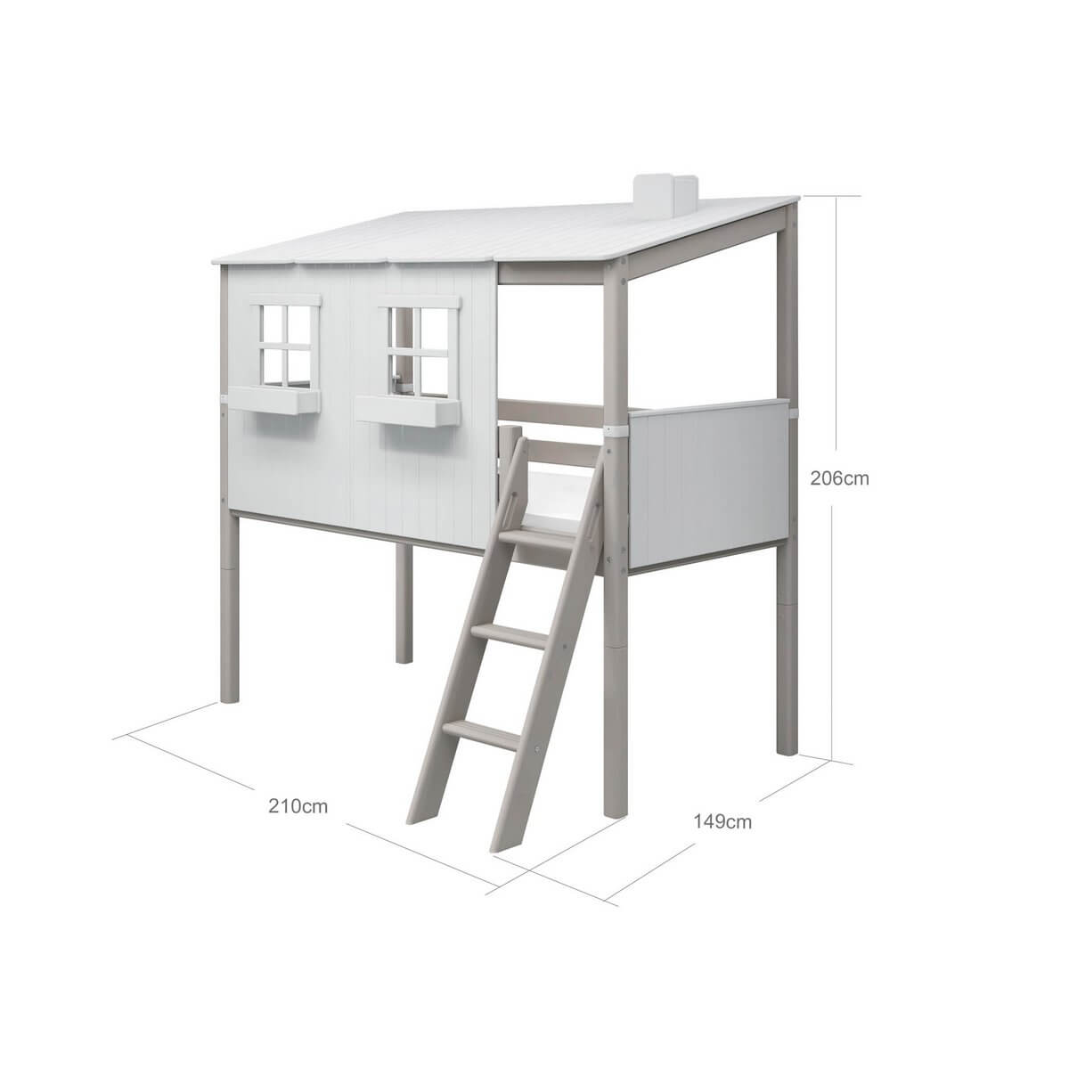 High bed with house and ladder design, 90x200 cm, in white and grey finish, perfect for children's imaginative play.