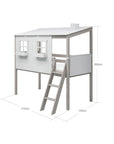 High bed with house and ladder design, 90x200 cm, in white and grey finish, perfect for children's imaginative play.