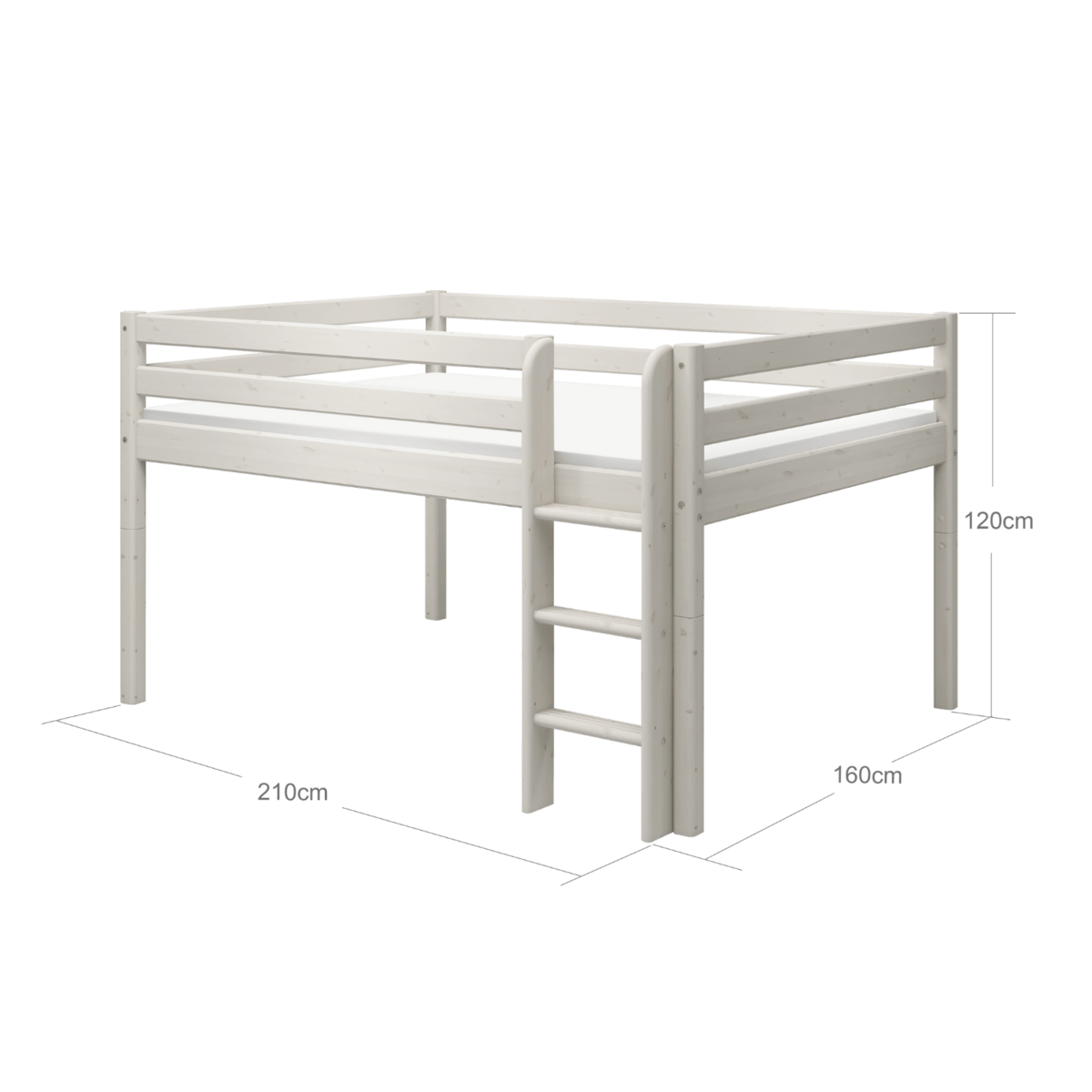 High Bed 120 cm with safety rail and ladder, dimensions 140x200 cm, in white with anti-slip steps for secure climbing.