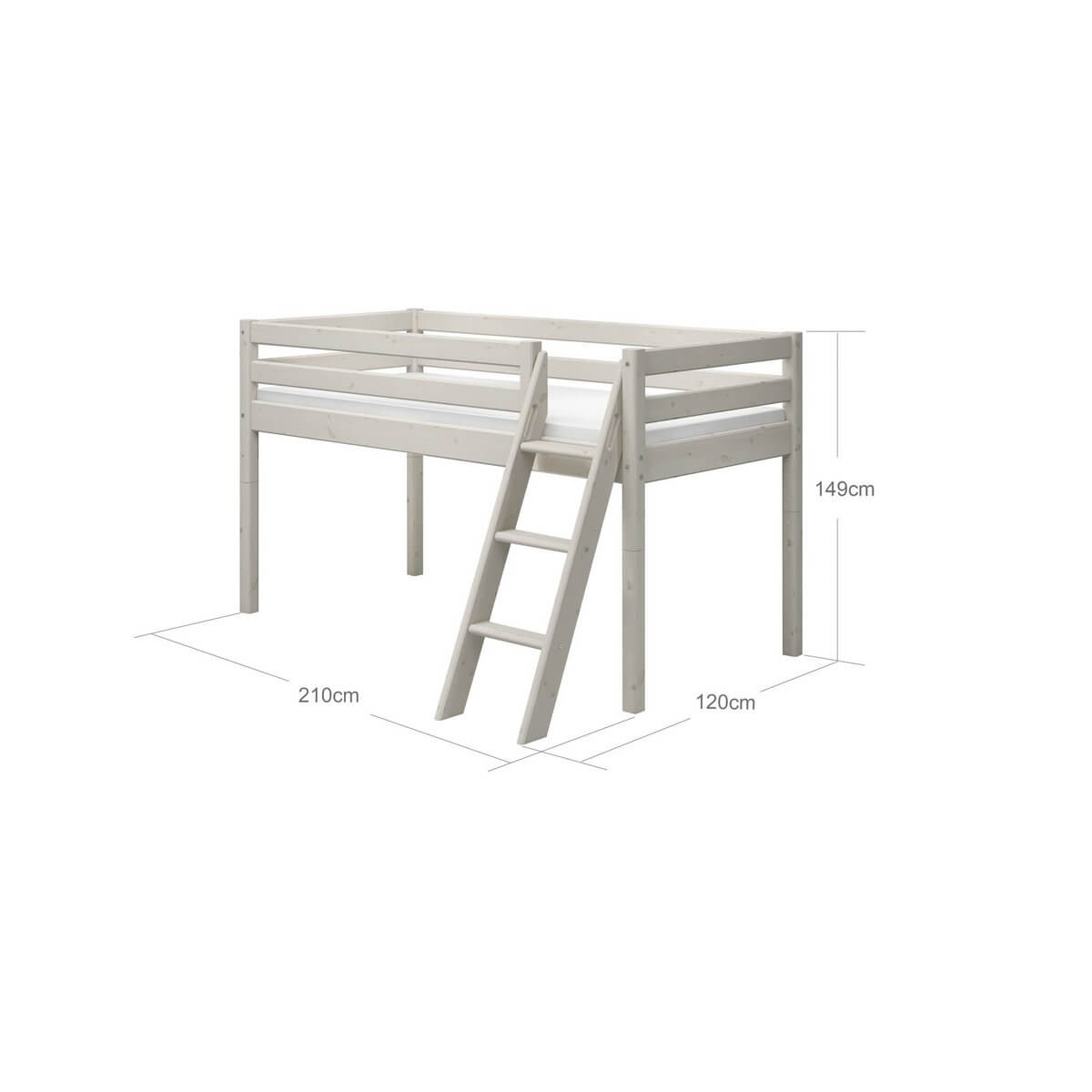 High bed 120 cm with slanting ladder and safety rail, suitable for children, dimensions 210x120x149 cm.