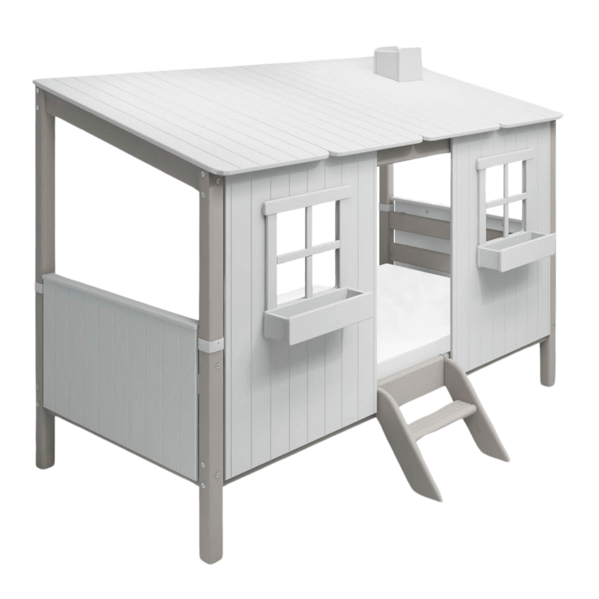 Single bed house with ladder and windows in white and grey, ideal for creating a cozy play space for children.