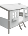 Single bed house with ladder and windows in white and grey, ideal for creating a cozy play space for children.