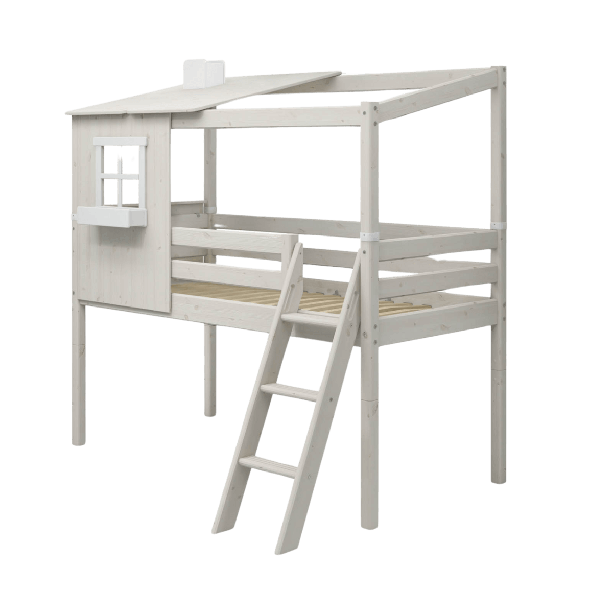 High bed with house design, ladder, and safety rail in white, perfect for children&#39;s imaginative play and restful sleep.