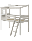 High bed with house design, ladder, and safety rail in white, perfect for children's imaginative play and restful sleep.