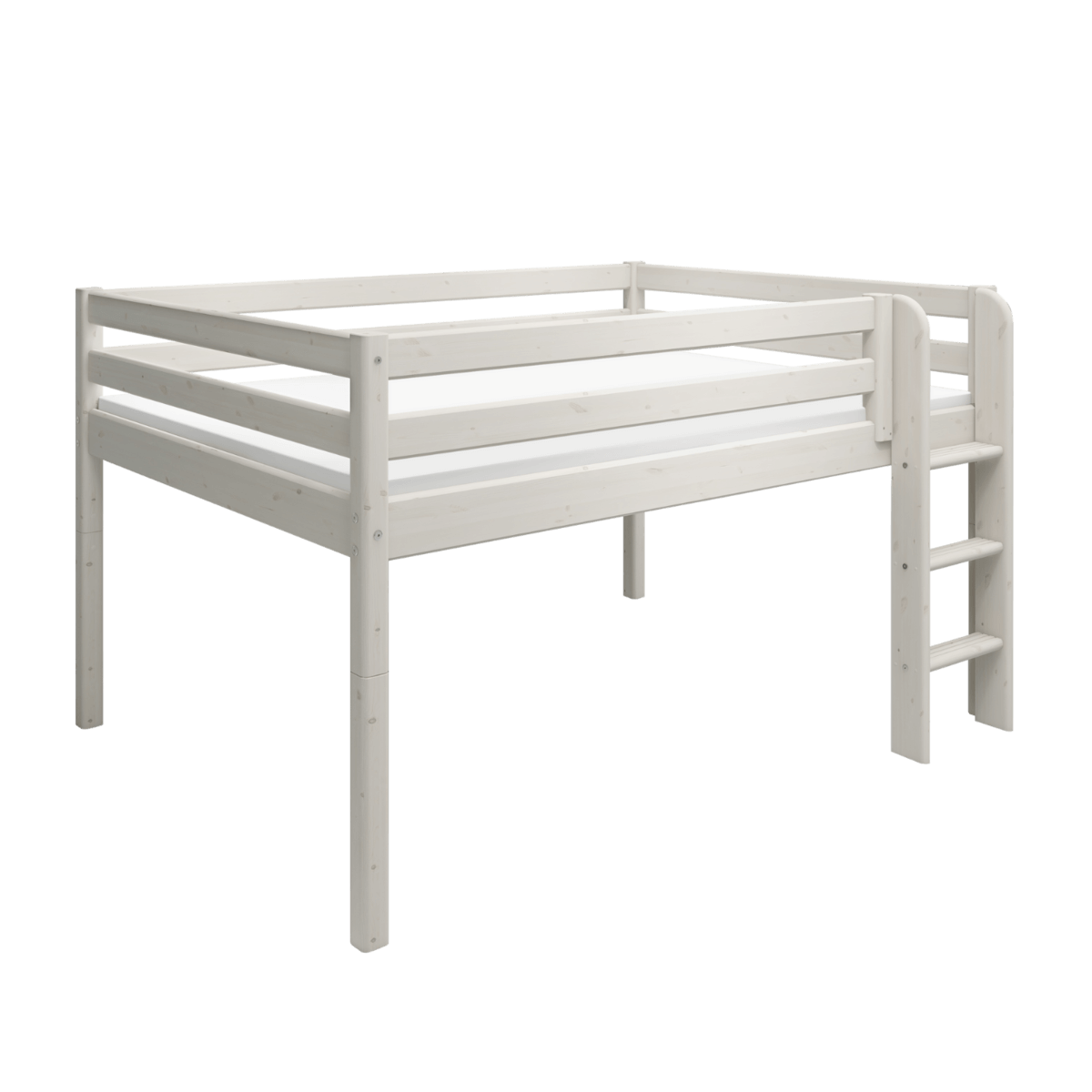 High bed with safety rail and ladder in white, measuring 120 cm high and designed for space-saving and safety.