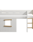 High bed with treehouse design, white and oak finish, includes ladder and safety rail, ideal for kids' play and sleep.