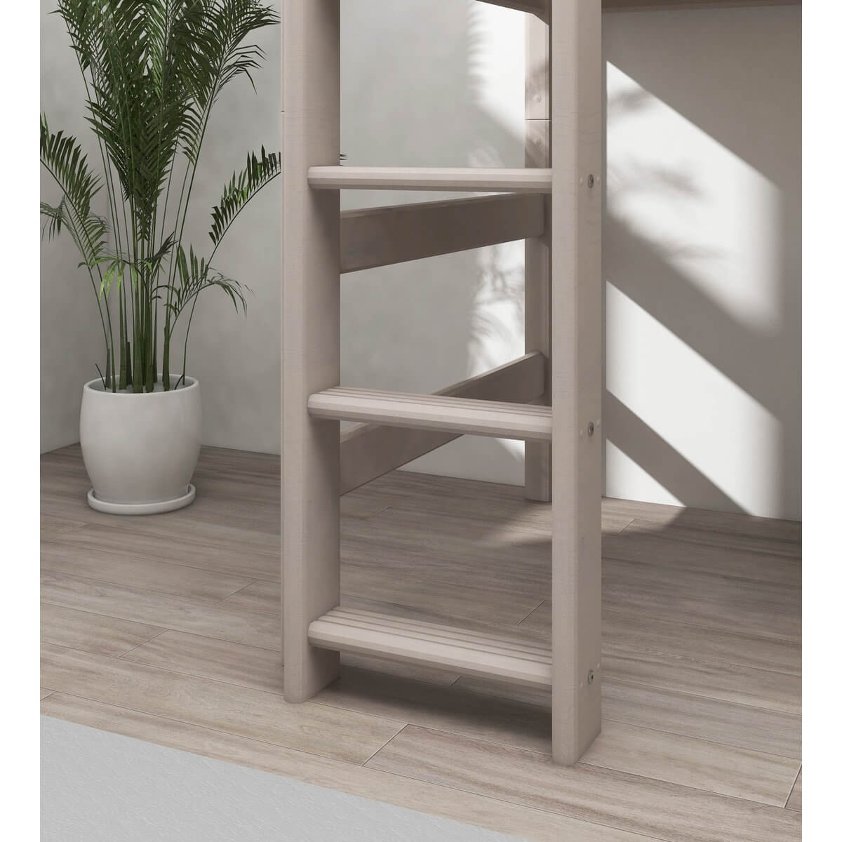 Close-up of a sturdy wooden ladder for a bunk bed, showcasing its safety features and sleek grey design.