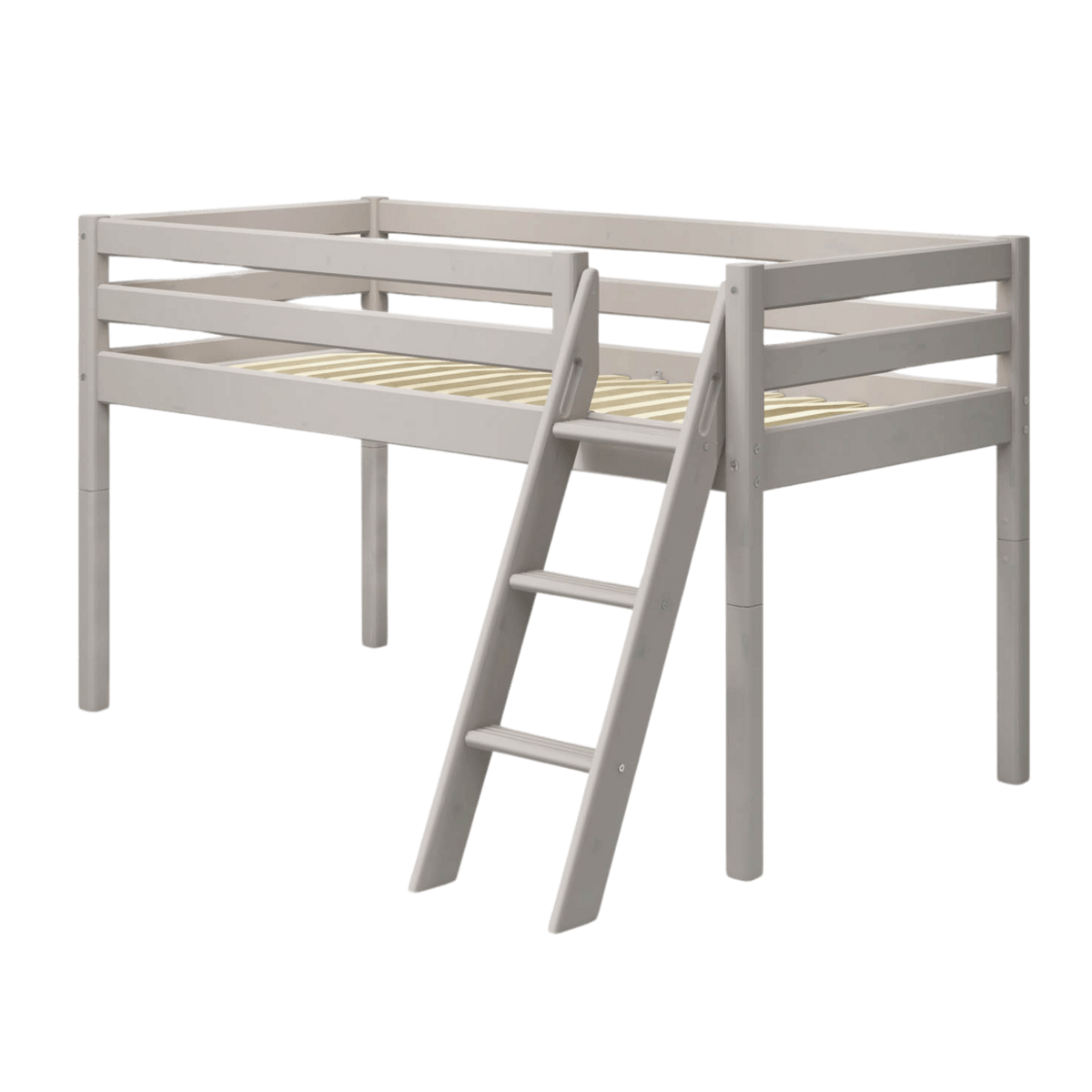 High Bed 120 cm in grey with safety rail and slanted ladder, perfect for kids' rooms and space-saving solutions.