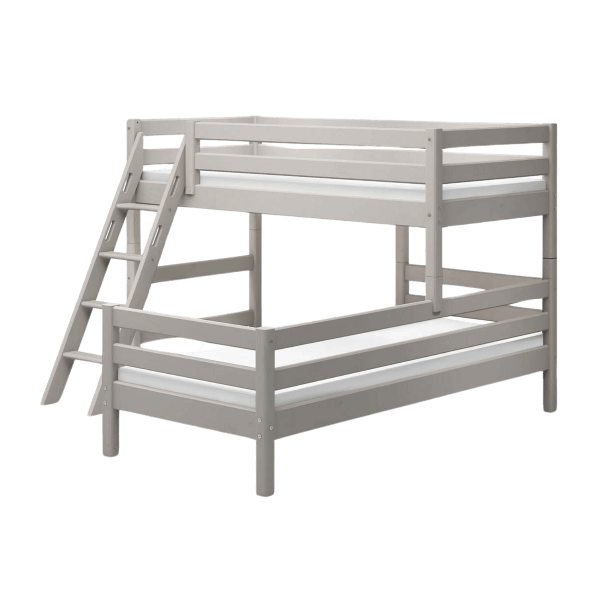 Grey bunk bed with slanting ladder and safety rail, 90x200 cm, perfect for space-saving in shared bedrooms.