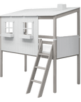 High bed with house design and ladder in white/grey for imaginative children's play.