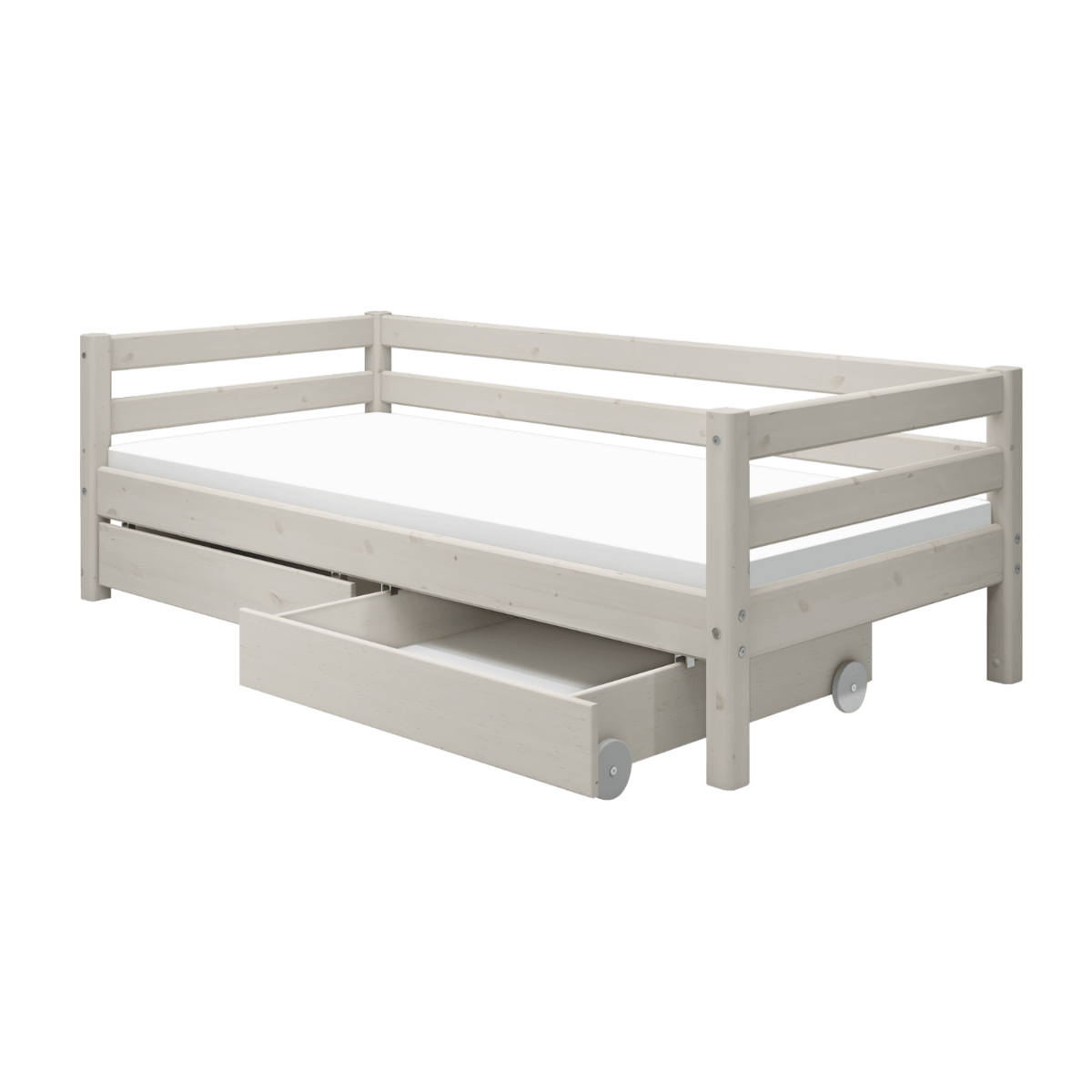 Single bed with storage in white, featuring a backrest and drawers for toys and linens, perfect for children.