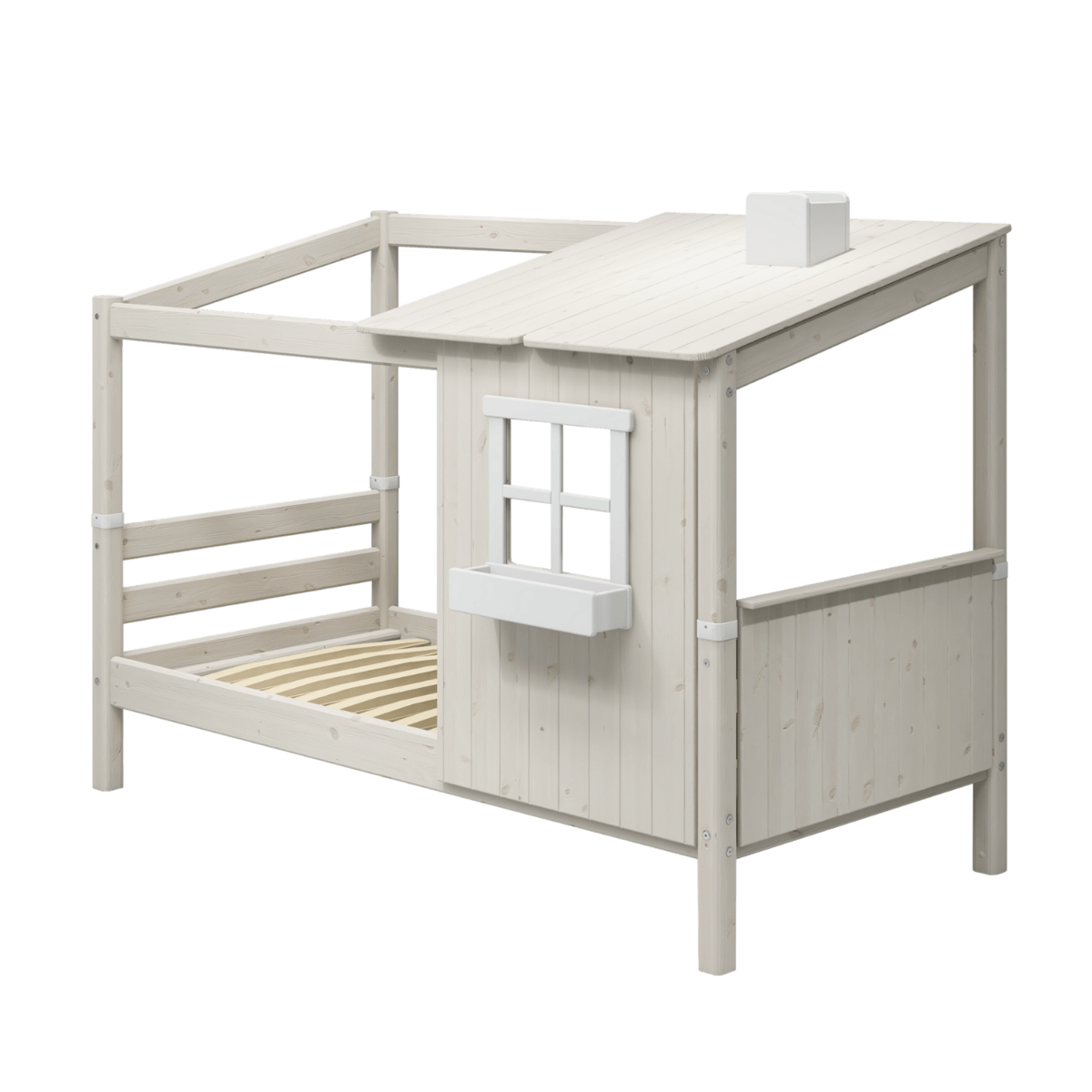 FLEXA CLASSIC Half House bed for children, cozy playhouse design, single bed with ladder, white wooden finish, 90x200 cm.