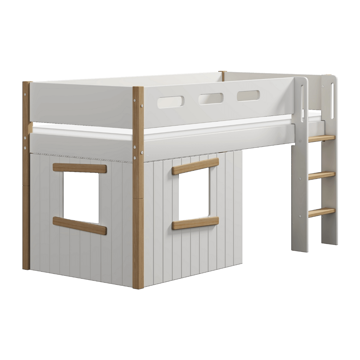 High bed 120 cm with treehouse design, ladder, safety rail in white and oak, perfect for imaginative play in children&#39;s bedrooms.