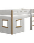 High bed 120 cm with treehouse design, ladder, safety rail in white and oak, perfect for imaginative play in children's bedrooms.