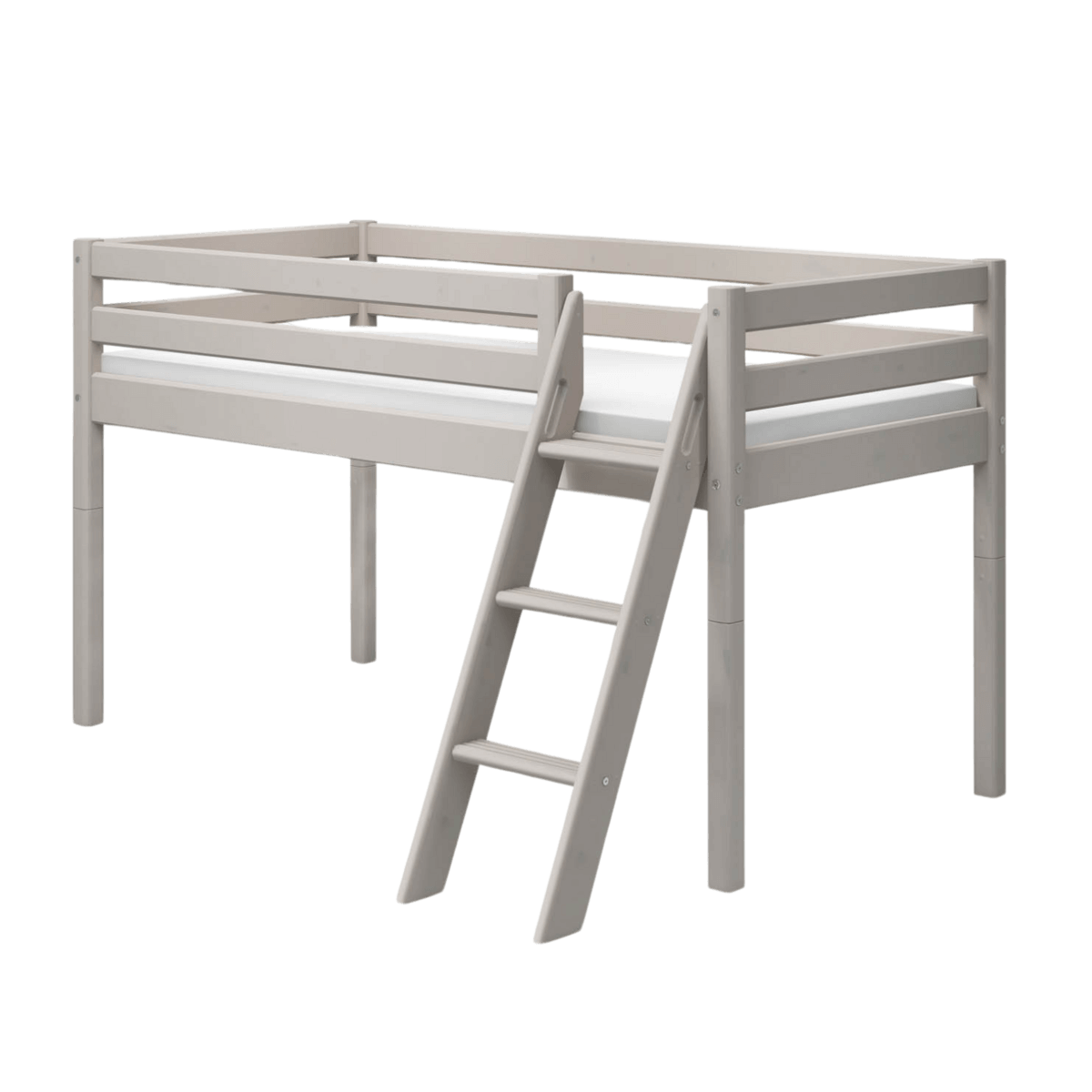 High bed in grey, 120 cm, with slanting ladder and safety rail, perfect for kids and space-saving solutions.