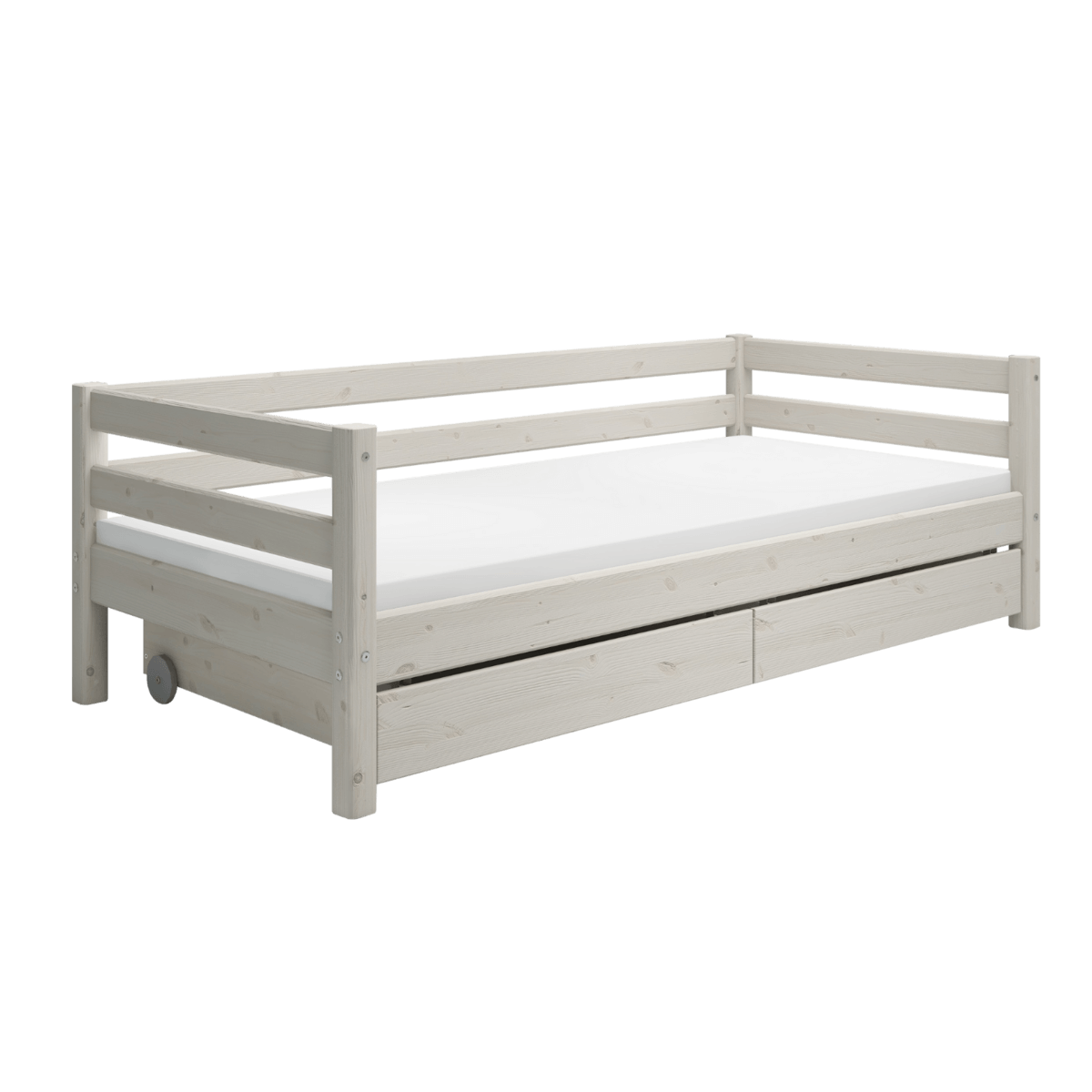Classic white single bed with storage drawers and backrest, 90x200 cm, perfect for children's rooms.