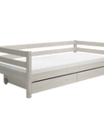 Classic white single bed with storage drawers and backrest, 90x200 cm, perfect for children's rooms.