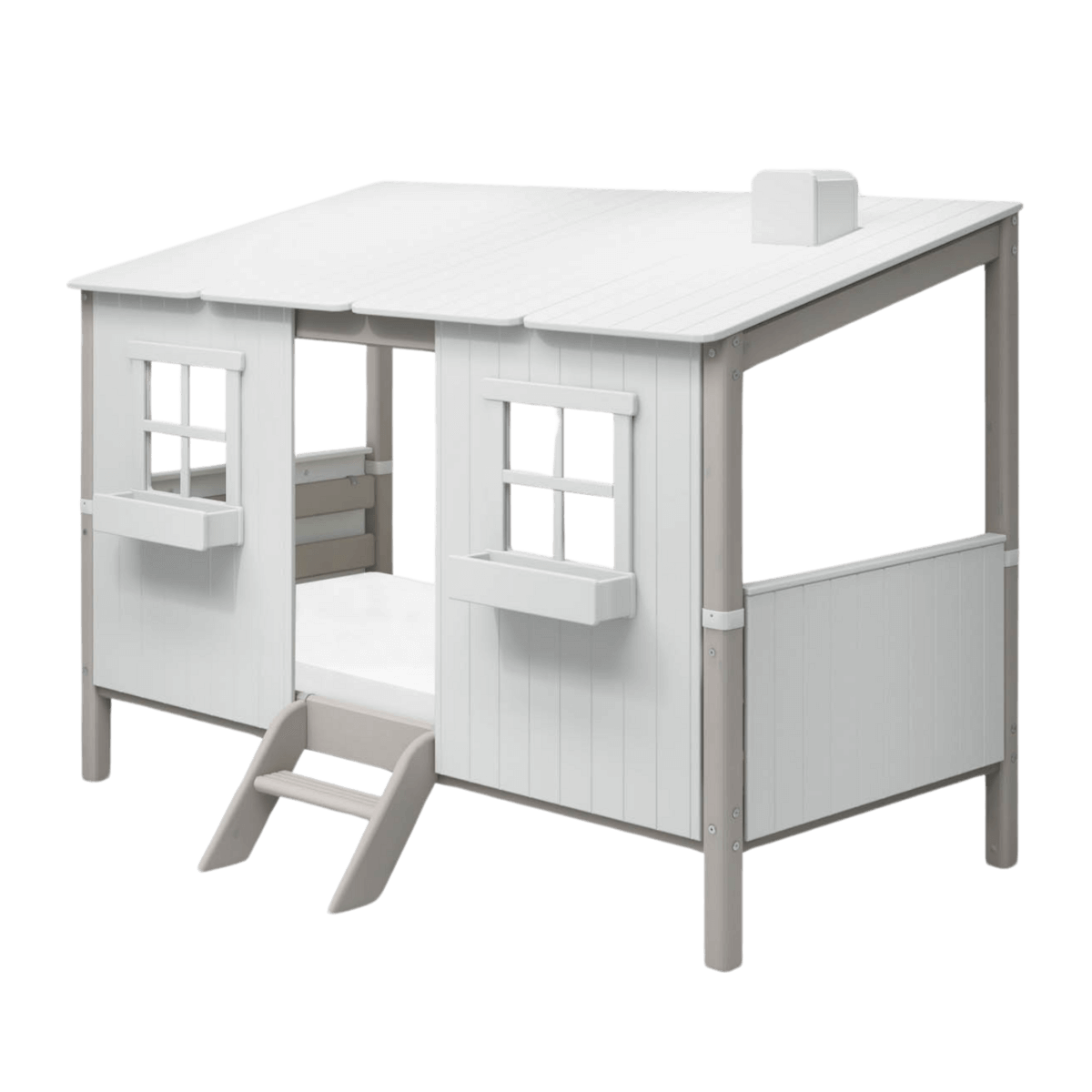FLEXA CLASSIC House playhouse in white and grey with windows and door, perfect for children's bedrooms.
