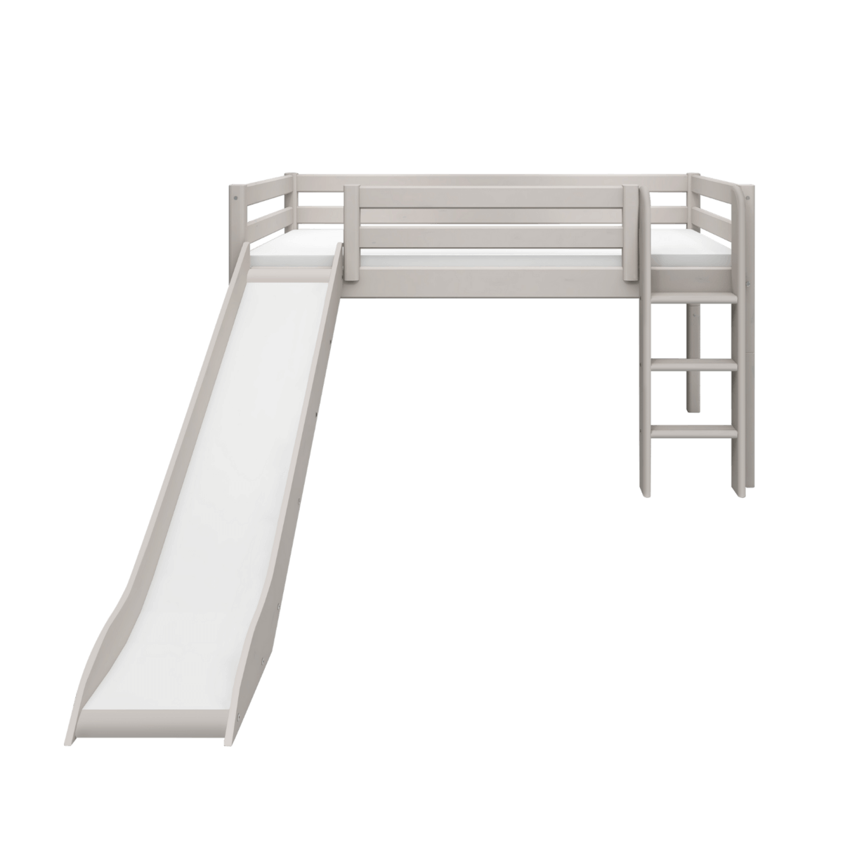 High bed with slide and ladder in grey, perfect for kids' rooms, features safety rail and versatile design.