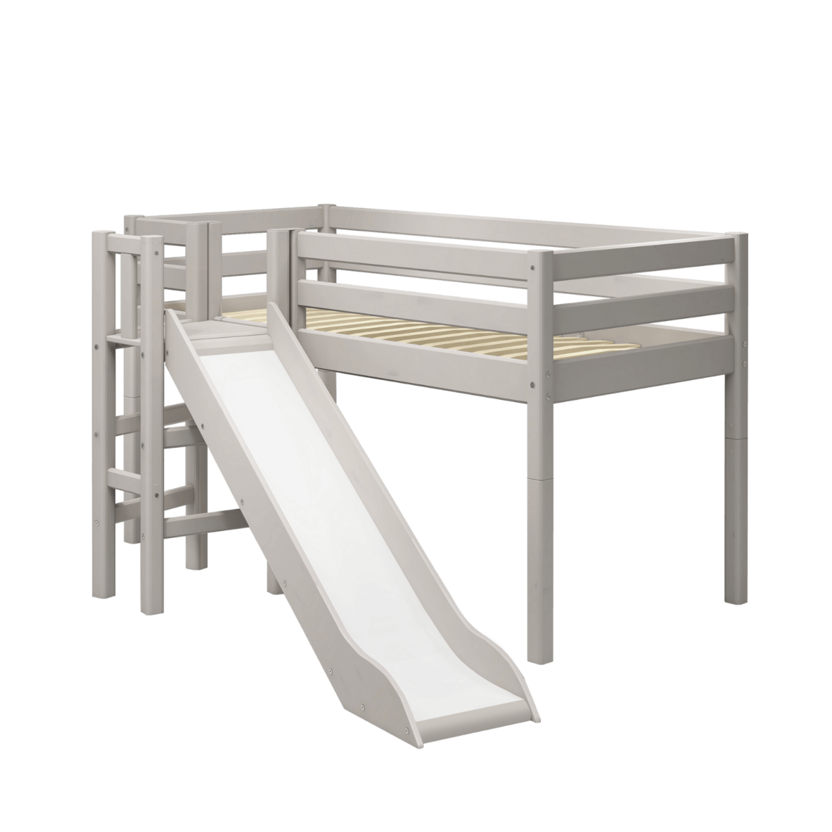 High bed with slide and safety rail in grey, perfect for children's rooms, featuring flexible ladder placement.