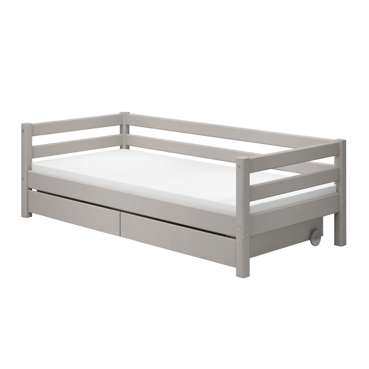 Grey single bed with storage, 90x200 cm, featuring a backrest and footboard, ideal for kids' rooms.