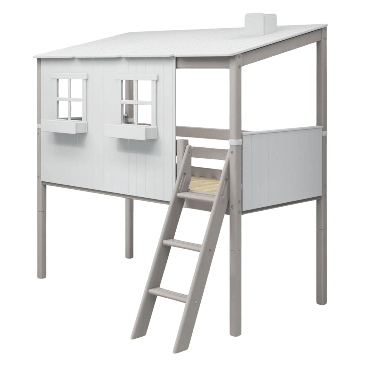 High bed 120 cm with house design and ladder, perfect for imaginative play in a child's room.