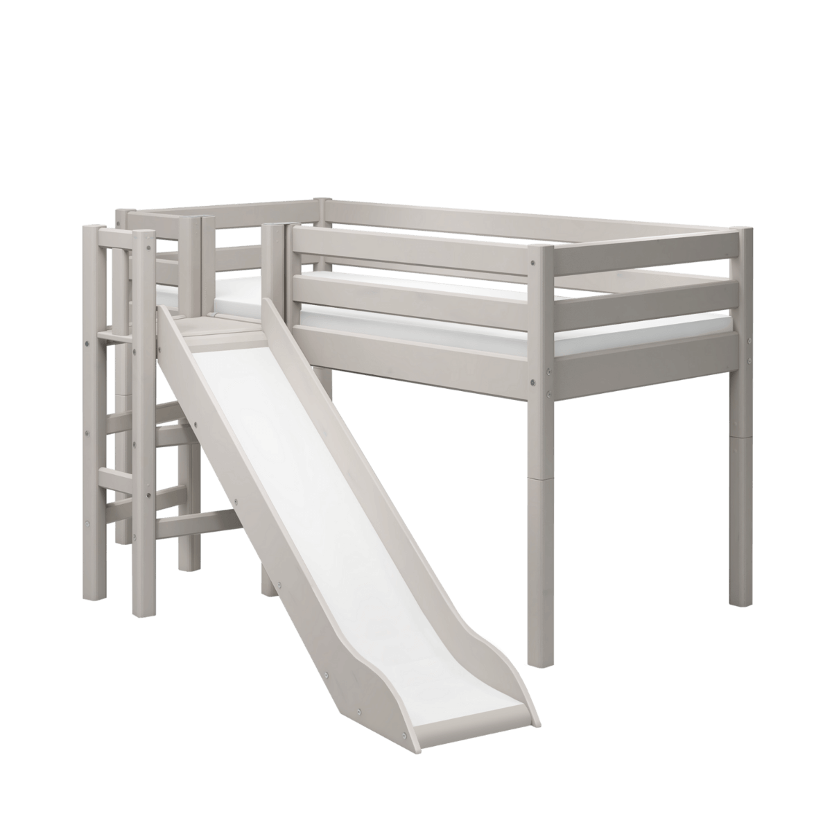 High Bed 120 cm with slide and safety rail in grey, designed for children's fun and flexible room setup.
