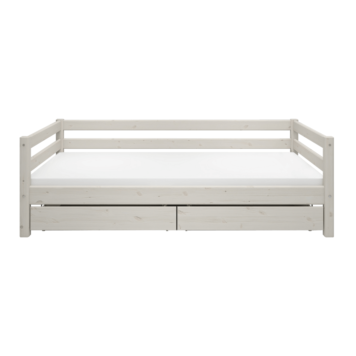 White single bed with storage drawers, 90x200 cm, classic Scandinavian design for kids.