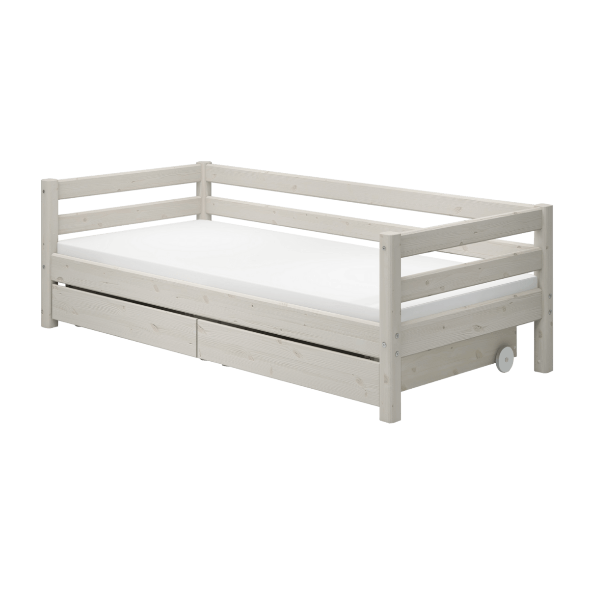 Classic single bed with storage drawers, 90x200 cm, white finish, perfect for kids' rooms.