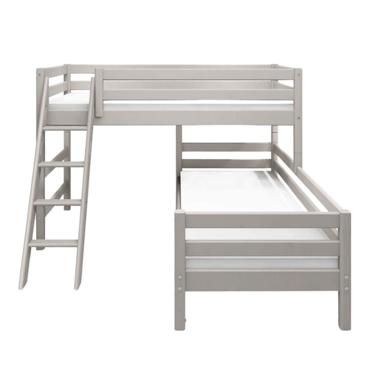 Grey bunk bed with ladder and safety rail, 90x200 cm, ideal for space-saving in shared bedrooms.