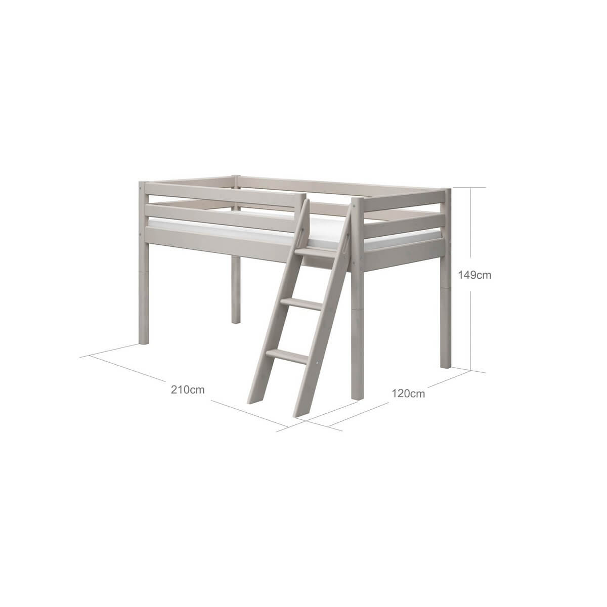 Grey high bed 120 cm with ladder and safety rail, dimensions 210x120x149 cm for children's rooms.